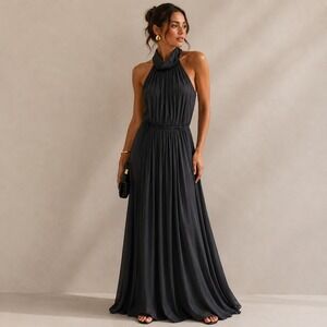 S. Roberts Vintage 80s 90s High Neck Black Maxi Dress Halter Rayon Pleated Small